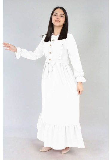 Kiz Cocuk Elbise Aerobin Keten Kumaş Tesettüre Uygun Uzun Boydan Cocuk Elbise Kırık Beyaz