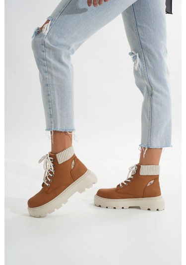 Lmç-2045 Taba Süet Bağcıklı Kalın Taban Kadın Günlük Bot Acı Kahverengi