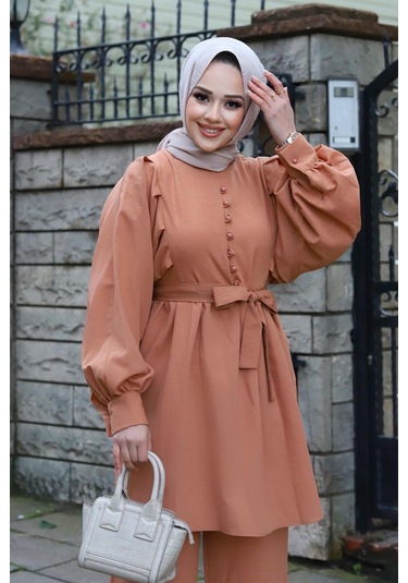 Düğme Detaylı Tesettür Camel Takım Camel
