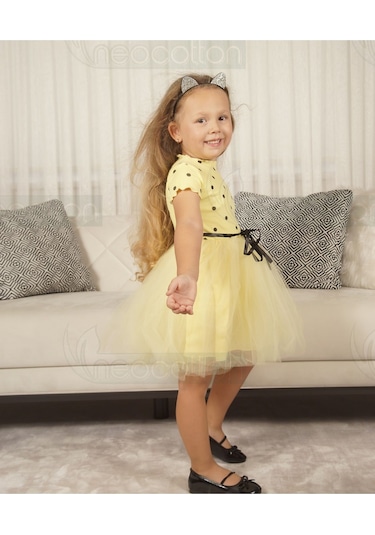 Puantiyeli Kız Çocuk Kısa Kollu Doğum Günü Ve Özel Günler İçin Tüllü Elbise Kısakol-sarı Sarı