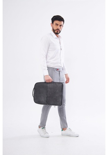 Derinss Dub3050 Hakiki Deri Gri Gölge Organizerli Laptop Sırt Çantası 001