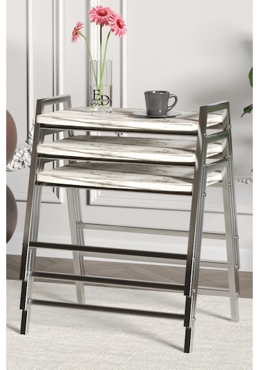 Zigon Sehpa , Aden 3'lü Tepsi Zigon Sehpa Takımı Gümüş Metal - Beyaz Mermer Tabla Gümüş-beyaz Mermer