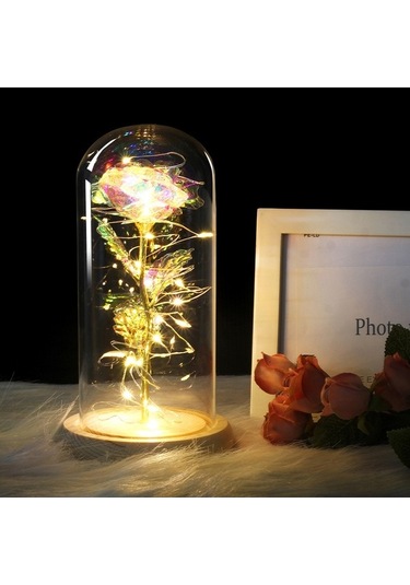 Dancemonkey Led Işıklı Cam Kapaklı Ahşap Tabanlı Gül, Sevgililer Günü Doğum Günü Düğün Hediyesi Çok Renkli Çok Renkli
