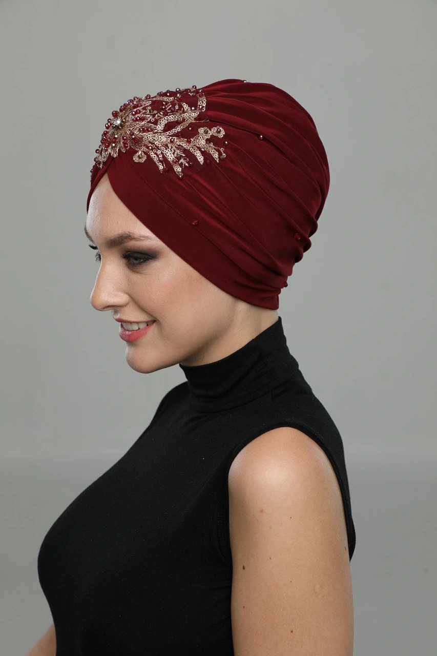 Kopma Astarlı Işlemeli Bordo Sırma Motifli Hazır Türban Tesettür Abiye Bone Bordo Sırma