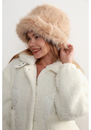 Kadın Kürklü Bucket Kalpak Şapka Rkş-15 Camel Camel