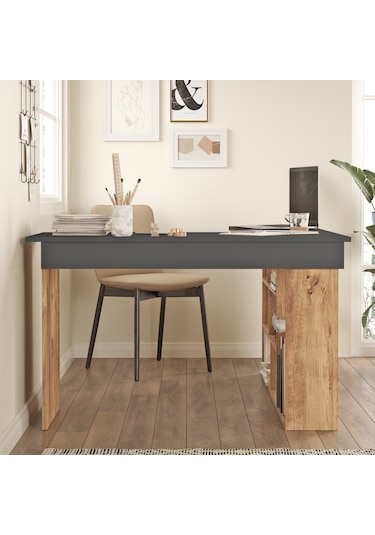 Yurudesign Tywin Kitaplık Raflı Çalışma Masası Çam-Antrasit
