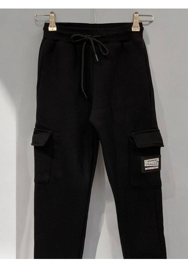 Çocuk Beli Paçası Lastikli Şardonlu Kalın Eşofman Alt-15364 Siyah