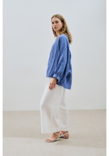Keten Krushlı Düğmeli Bluz Mavi Mavi