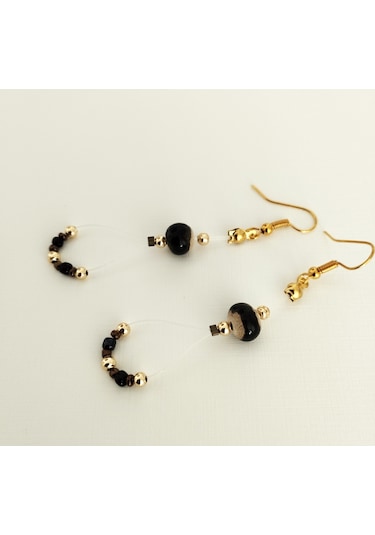 K205 Zarif Sallantılı Küpe Siyah&altın Sarısı Altın - Siyah