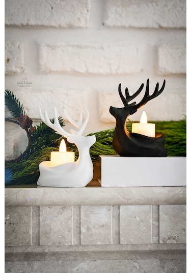 2 Adet Dekoratif Yılbaşı Süs Beyaz Siyah Tea Light Geyik Seti Beyaz - Siyah