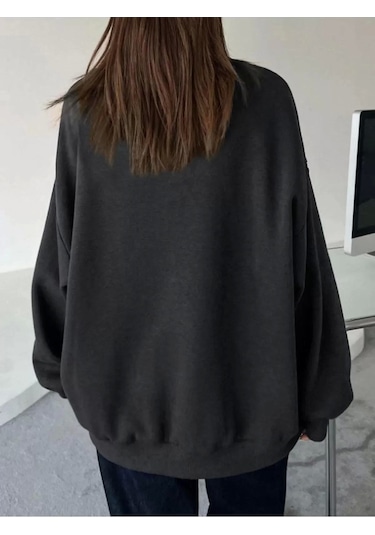 Kadın Düz Bisiklet Yaka Sweat - Siyah Siyah