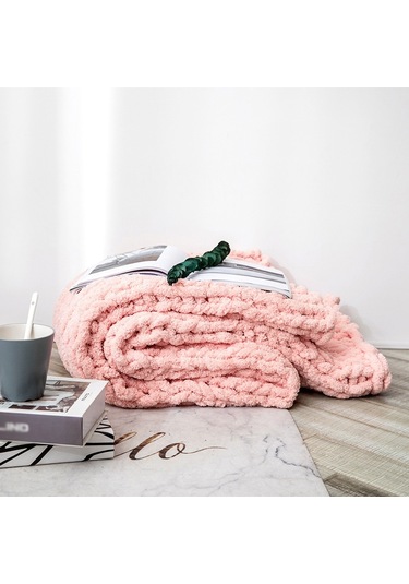 Sones El Yapımı Kalın Yün Örgü Battaniye Kanepe Şönil Çubuk Örgü Battaniye, Boyut: 80 X 100 Cm Pembe