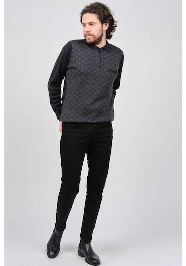 Çizgi Triko Erkek Cep Detaylı Polo Yaka Desenli Kazak 42544226 Lacivert Lacivert