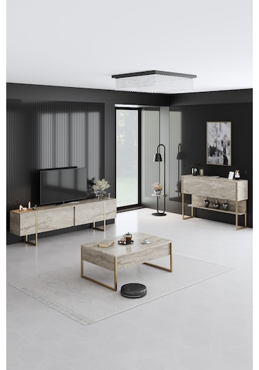 Luxe Gold Demir Ayaklı Traverten Dresuar Traverten - Gold