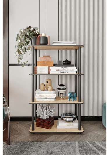 4 Katlı Dekoratif Diktörtgen Kitaplık Meşe Meşe