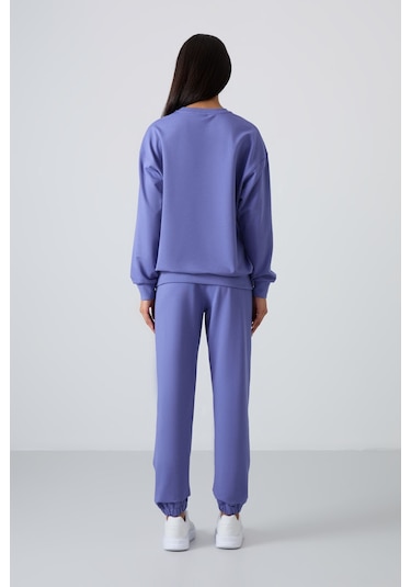 Tommy Life Eflatun Basic Pamuklu O Yaka Oversize Lastik Paça Kadın Eşofman Takım - 95287 Mor