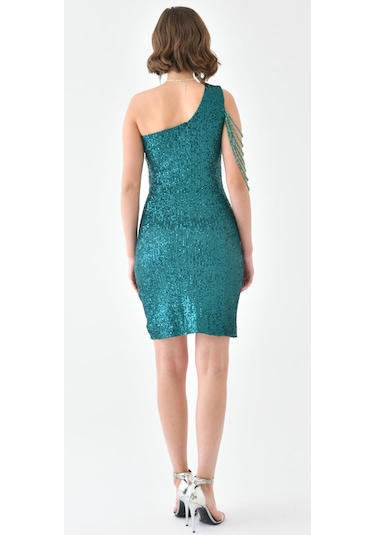 Hanife Glam Couture Hanife Glam Tek Omuz Taş Tasarımlı Mini Pulpayet Elbise Zümrüt