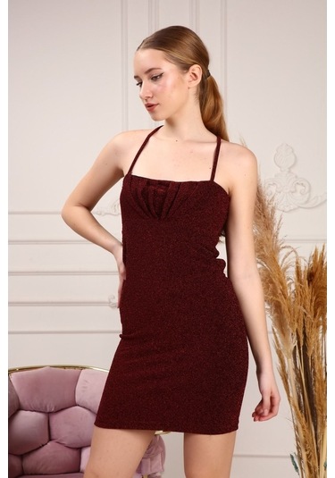 Gimer - Ip Askılı Göğsü Büzgülü Kadın Elbise - Gsp3824G Bordo