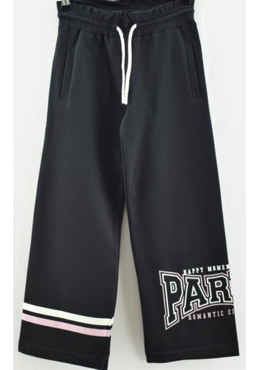 Kız Çocuk Paçası Paris Yazılı Çift Çizgi Desenli Bol Paça Model Siyah Renk Eşofman Altı Siyah