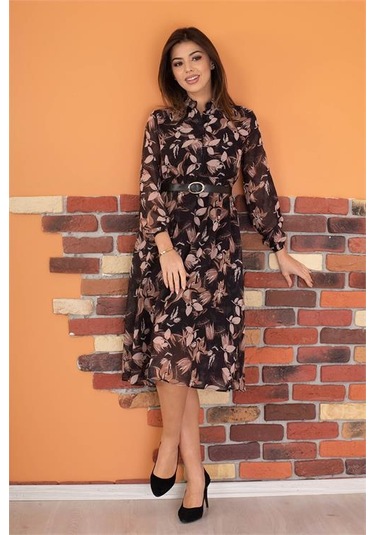 Neşeli Butik Kadın Siyah Kemerli Çiçek Desenli Şifon Elbise Ry0031 Siyah
