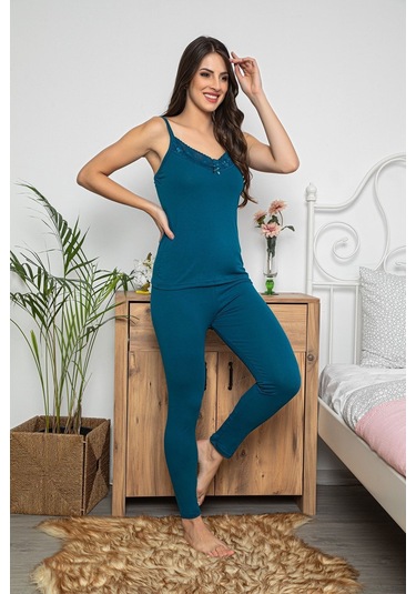 Kadın Petrol Renkli Dantel Detaylı Şortlu Ve Taytlı Pijama Takımı 3'lü Set 75007 Petrol