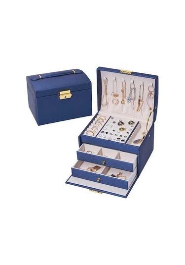 Dancemonkey Cbtx Üç Katlı Mücevher Kutusu, Pu Deri Kolye Küpe Yüzük Saklama Kutusu, Kilitli 17x14x13cm Koyu Mavi Koyu Mavi