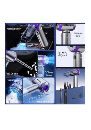 Ezere 16000PA Güçlü Portatif Taşınabilir Vakumlu Kablosuz Mini Araç Süpürgesi