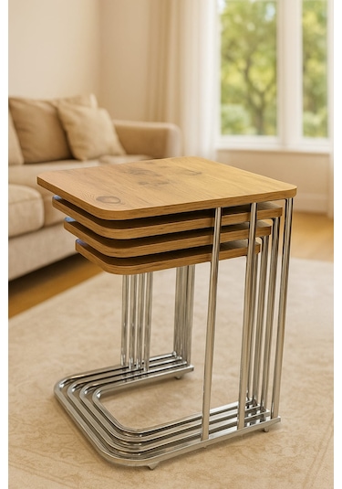 4'lü Tekerlekli Zigon Sehpa Gümüş Ayak Atlantik Çam 18mm Tabla