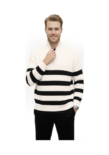 Deepsea Erkek Ekru Yarım Fermuarlı Oversize Kesim Triko Kazak Pamuklu Yumuşak Örgü Çizgili Kazak 2608513 Ekru