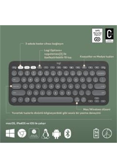 Logıtech K380s Pebble Keys 920-011859 2 Çoklu Cihaz Özellikli Bl