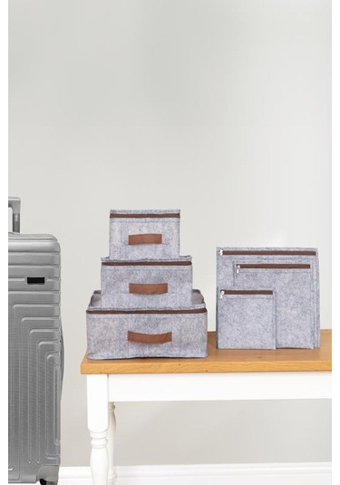 Deri Detaylı Gri 6'lı Set Bavul İçi Düzenleyici Organizer Valiz Düzenleyici Bebek Doğum Hurcu Gri