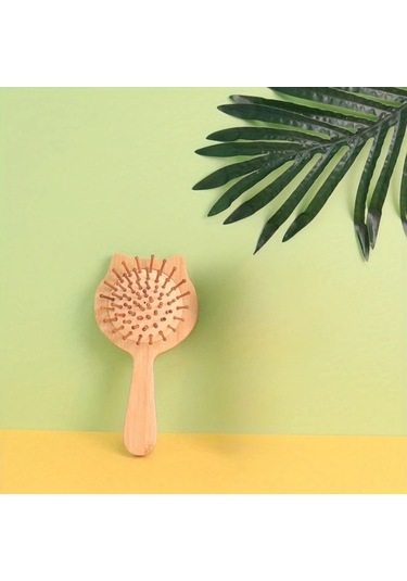 Gateesat Ahşap Renk Yumuşak Bambu Kıllı Sevimli Kedi Temalı Oval Saç Masaj Fırçası