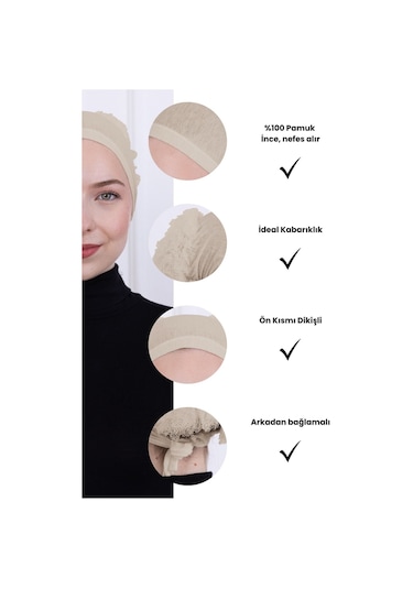 Fırfırlı Önden Dikişli Penye Bone - Kadın Tesettür Bağlamalı Topuz İç Bone-krem Krem