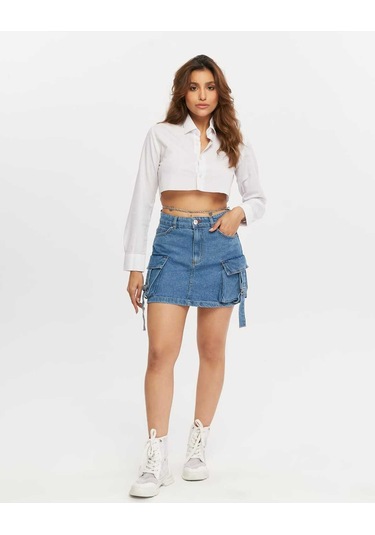 Shevega Kadın Mavi Korük Kargo Cepli Kot Etek Mavi