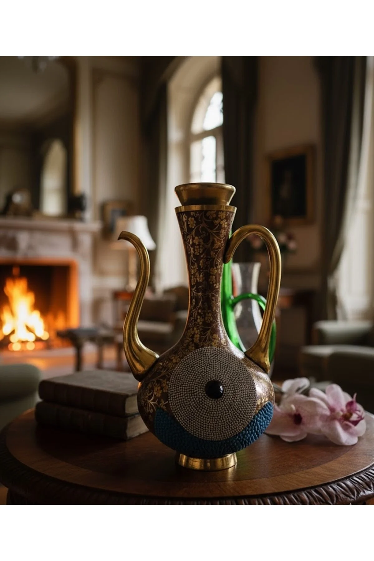 Saraylı Firuze Gold Yaldızlı Cam İbrik Sürahi 34 Cm - Dekoratif Lüks Osmanlı Sunum
