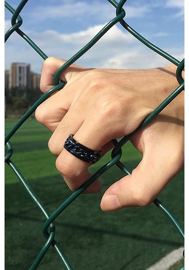 Ortası Dönebilen Zincirli Erkek Kadın Anti-stres Çelik Alyans Yüzük Cl43 Siyah