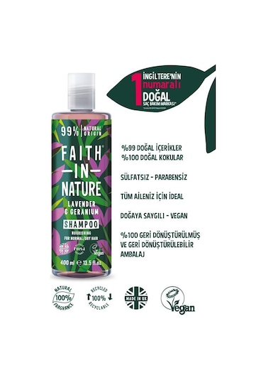 Faith in Nature %99 Doğal Rahatlatıcı Şampuan Lavanta & Sardunya Normal & Kuruya Dönük Saçlar İçin 400 ML