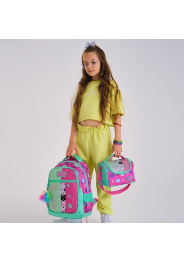 Coral High Kids Pembe Su Yeşili Kedi Desenli 3 Lü Okul Çanta Seti Set0123490