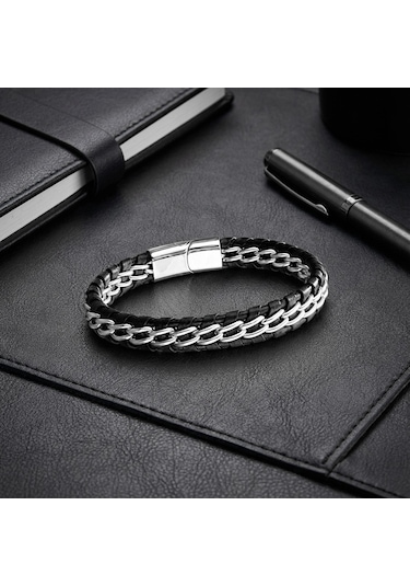 Moncuk Design Çift Zincir Çelik Ve Deri Bileklik 33514b2d2 Çok Renkli