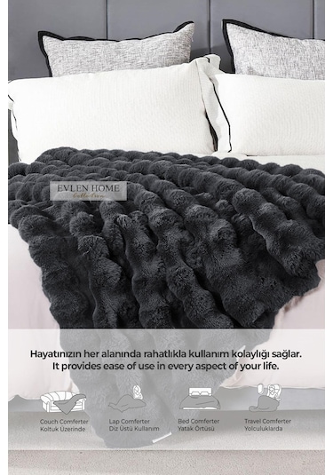 Evlen Home Kürk Yatak Örtüsü Çift Kişilik Dolgulu Peluş Yumuşak Çift Taraflı Yorgan 3 Parça Loria Antrasit Füme Antrasit