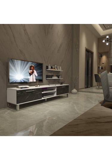Decoraktiv Eko 4 Mdf Dvd Krom Ayaklı Tv Ünitesi Tv Sehpası Beyaz - Siyah Mermer