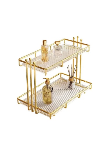 Hafif Lüks Banyo Banyo Rafı Masaüstü Lavabo Kozmetik Kutusu Tuvalet Tuvalet Tezgahı Depolama Rafı 3 Boncuk Çift Katmanlı Küçük Akrilik Raf Gümüş