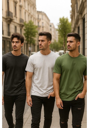 Erkek 3lü Paket Antrasit Melanj-beyaz-yeşil Pamuklu Oversize Tişört Bisiklet Yaka Kısa Kollu T-shirt Yeşil