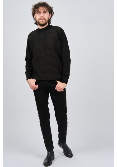 Çizgi Triko Erkek Yarım Balıkçı Çizgi Desenli Kazak 42564234 Siya Siyah