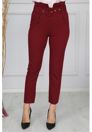 Beli Kemerli Bordo Kumaş Pantolon Bluence Bordo