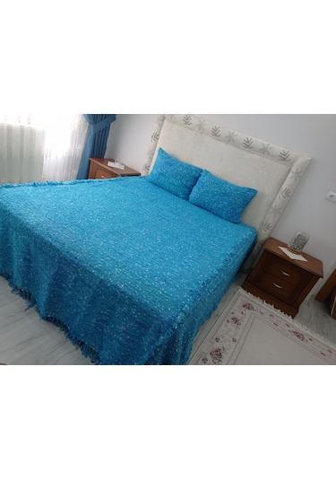 Tavşan Tüyü El Dokuma Çift Kişilik Yatak Örtüsü 280x260 -mavi Mavi