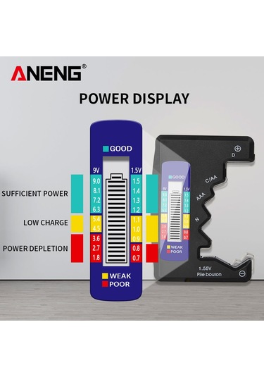 Springsun Siyah Abs Pil Test Cihazı - D, C, Aa, Aaa, N, 9v Ve 1.5v Düğme Pillerini Test Eder - Hafif Ve Taşınabilir Siyah