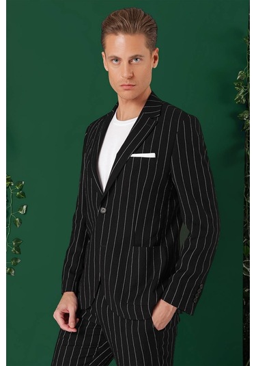 Comfort Fit Çift Yırtmaç İtalyan Çizgili Keten Casual Siyah Ceket C 671 Siyah