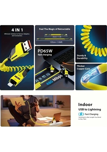 Userfriendly11 3lü Pd 65w 4ü1 Hızlı Şarj Kablosu Sarı Yeşil Mavi 15m Seyahat Araba Şarjı Teleskopik