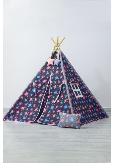 Yıldız Desen, Ahşap Direkli, Pencereli Doğal Ev-bahçe Çocuk Oyun Çadırı, Gri Siyah